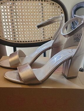 Metallic Gold Block Heel Sandals with Ankle Strap